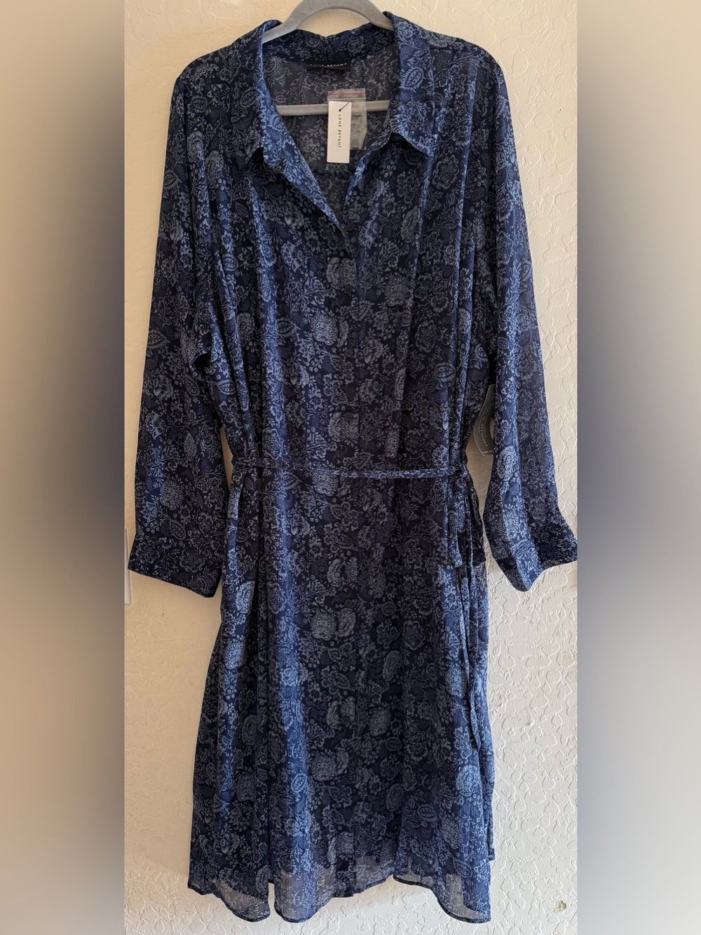 Lane Bryant, size 26, long-sleeve sheer blue paisley midi shirt dress